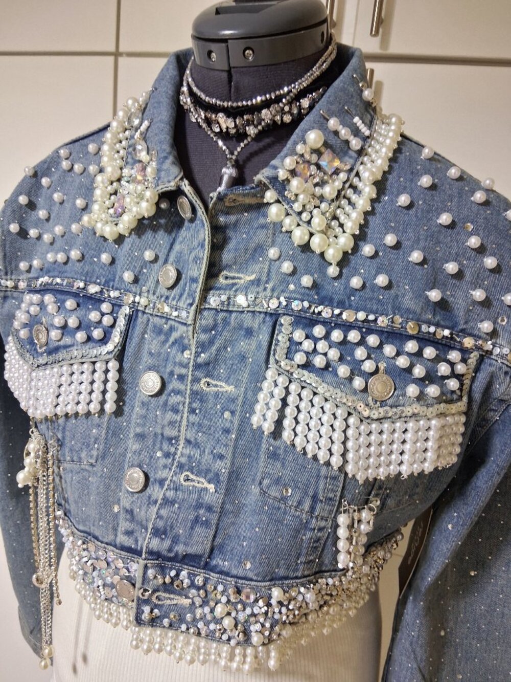 Upcycle Embellished Pearl Beaded Sequin Crystals Fringe Jean Cropped Jacket L